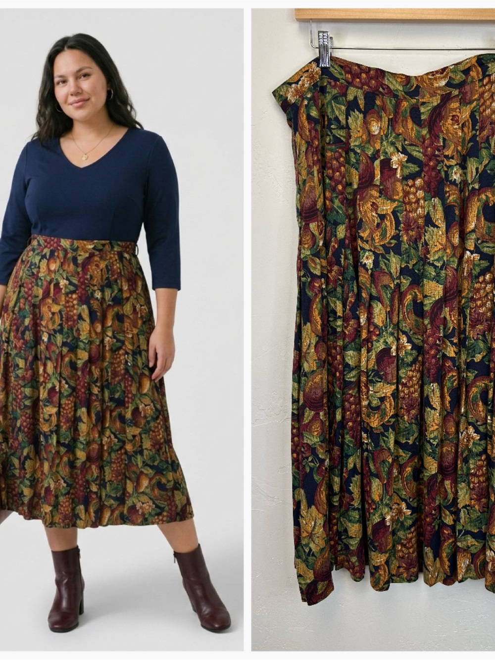 Vintage 90s Floral Fruit Autumn Fall Midi Maxi Skirt Flowy‎ Size 18 Artsy Nature